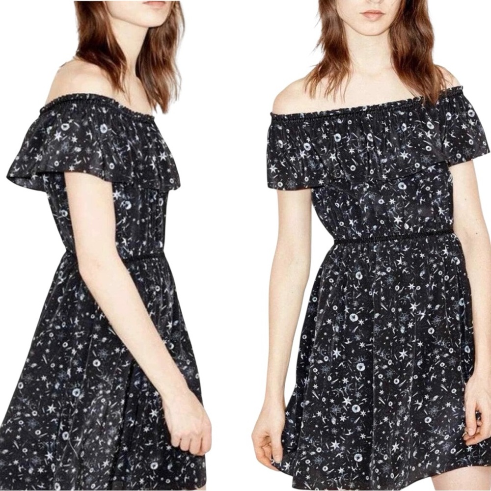 The Kooples Silk Tattoo Print Off the Shoulder Dress